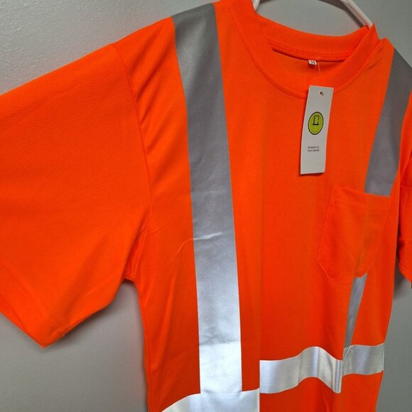 Orange Reflective Work Shirt Medium Mens Construction Safety Pocket Breathable - Picture 3 of 7